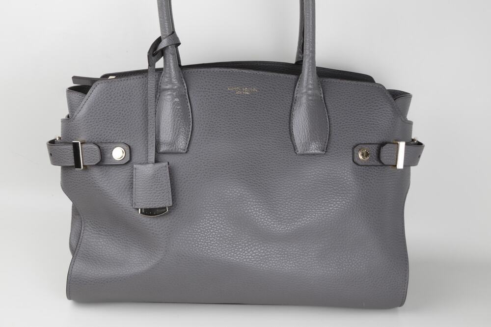 Henri Bendel Grey Pebbled Leather Side Buckle Satchel Tote Bag Clochette Key